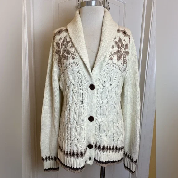 Lands' End shawl collar cable-knit cardigan sweater snowflake pattern Women’s L - Picture 4 of 10